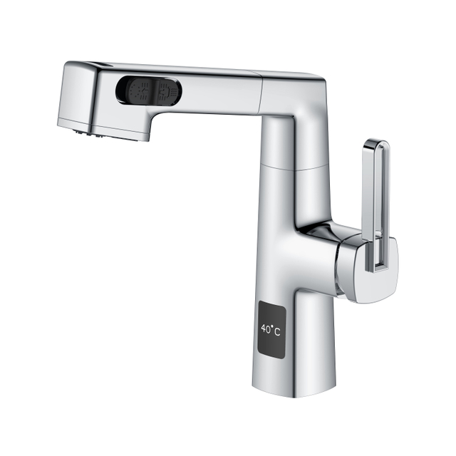  Temperature Display Unique Design Chrome Pull Out Bathroom Faucet Adjustable Height