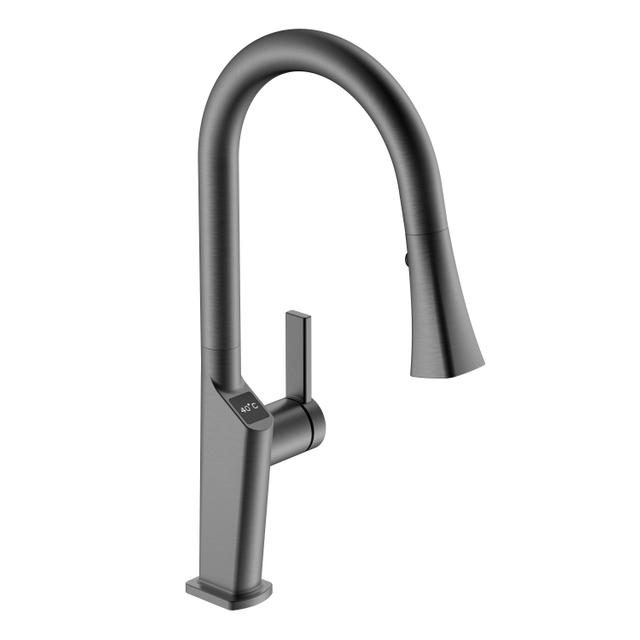 Temperature Display Pull Down Kitchen Faucet Black Stainless Kitchen Faucet with Brush
