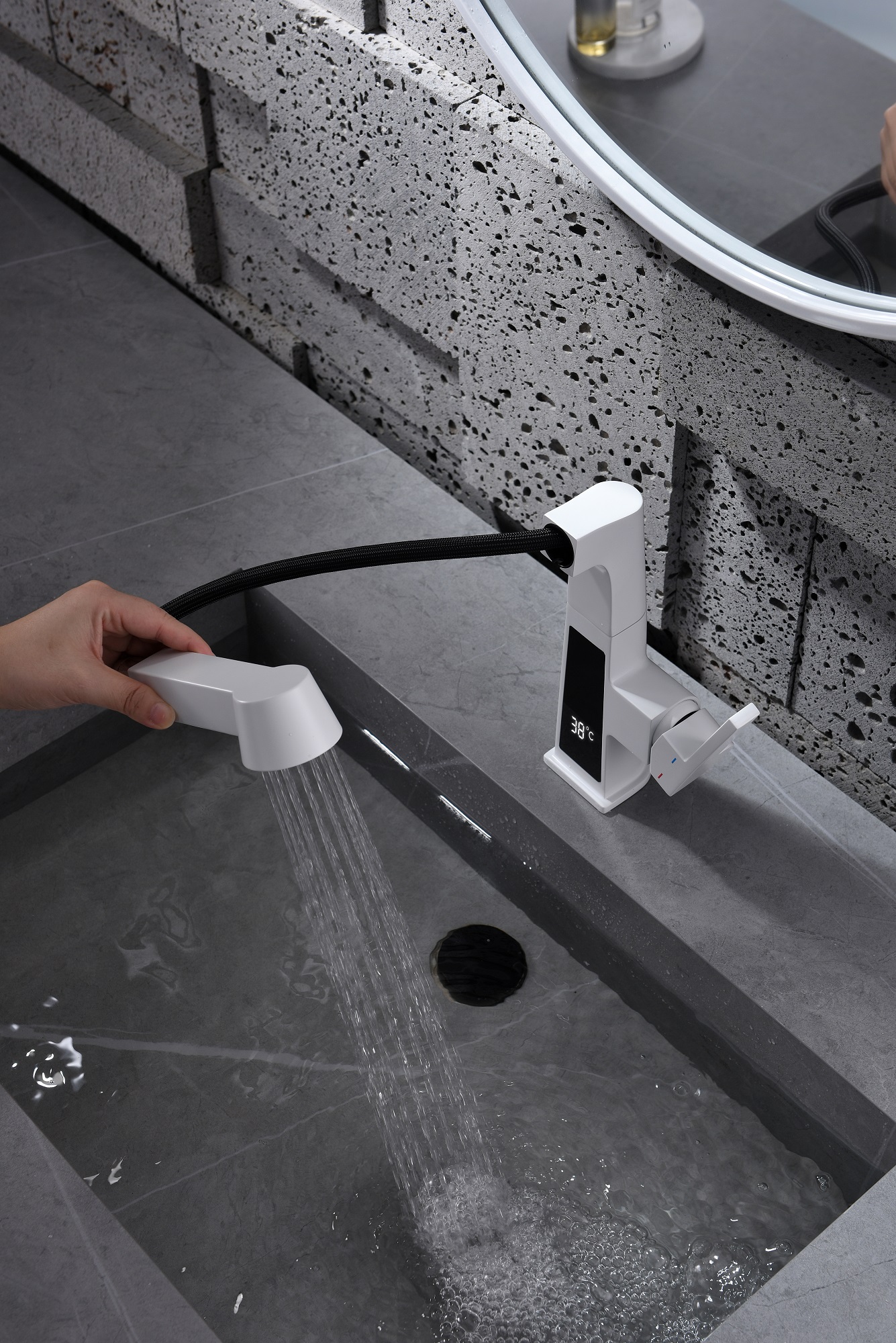 Square White Basin Faucet Temperature Display Pull Out Bathroom Faucet