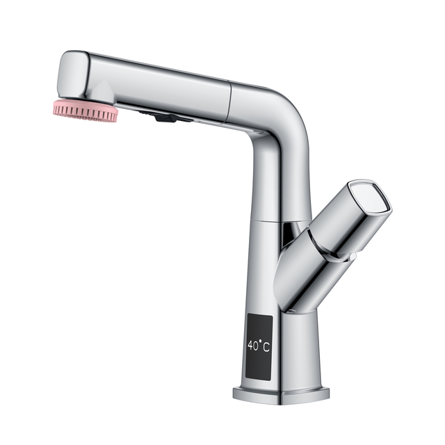 Chrome Bathroom Faucet Pull Out Basin Faucet Temperature Display