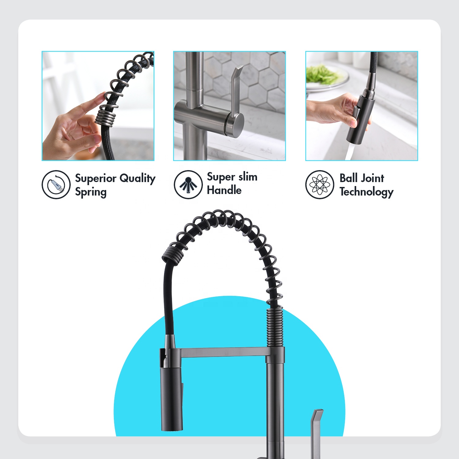 2021 New Arrival Durable Modern Waterfall Black Stainless Steel Gun Metal Kitchen Faucet