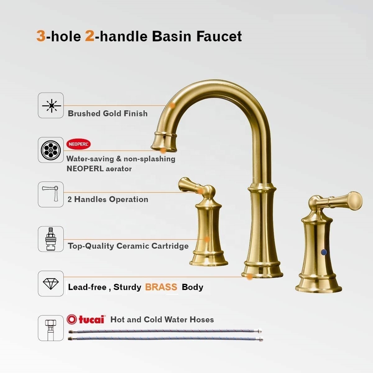 Three Hole Faucet Hot And Cold Mixing Basin 8" Widespread Faucet Brass Gold Bathroom Faucet