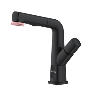 Matte Black Bathroom Faucet Pull Out Basin Faucet Temperature Display 